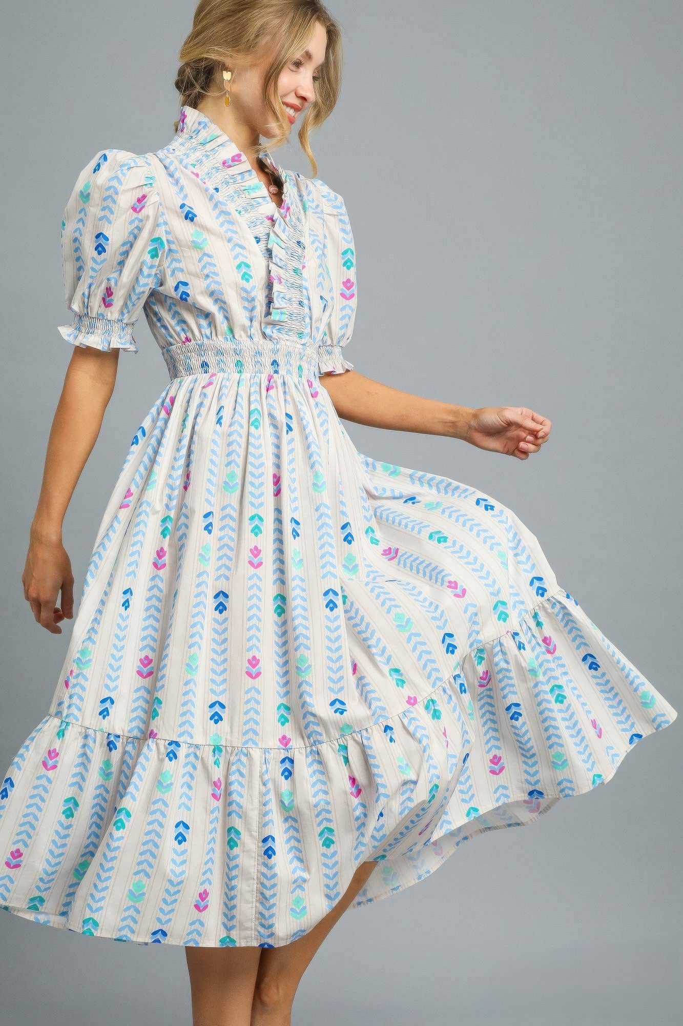 Petal Print Ruffled Smocked Midi Dress