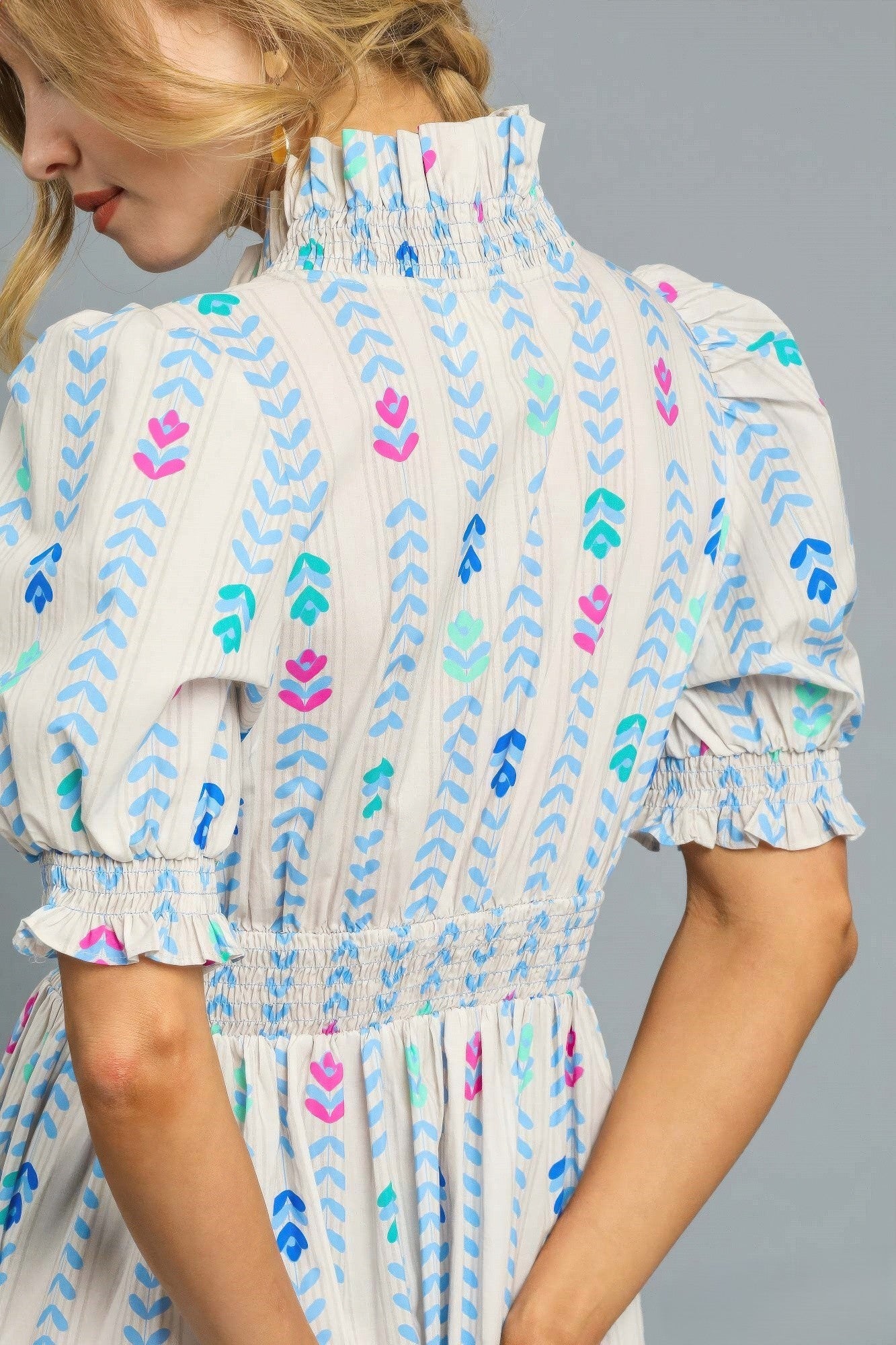 Petal Print Ruffled Smocked Midi Dress
