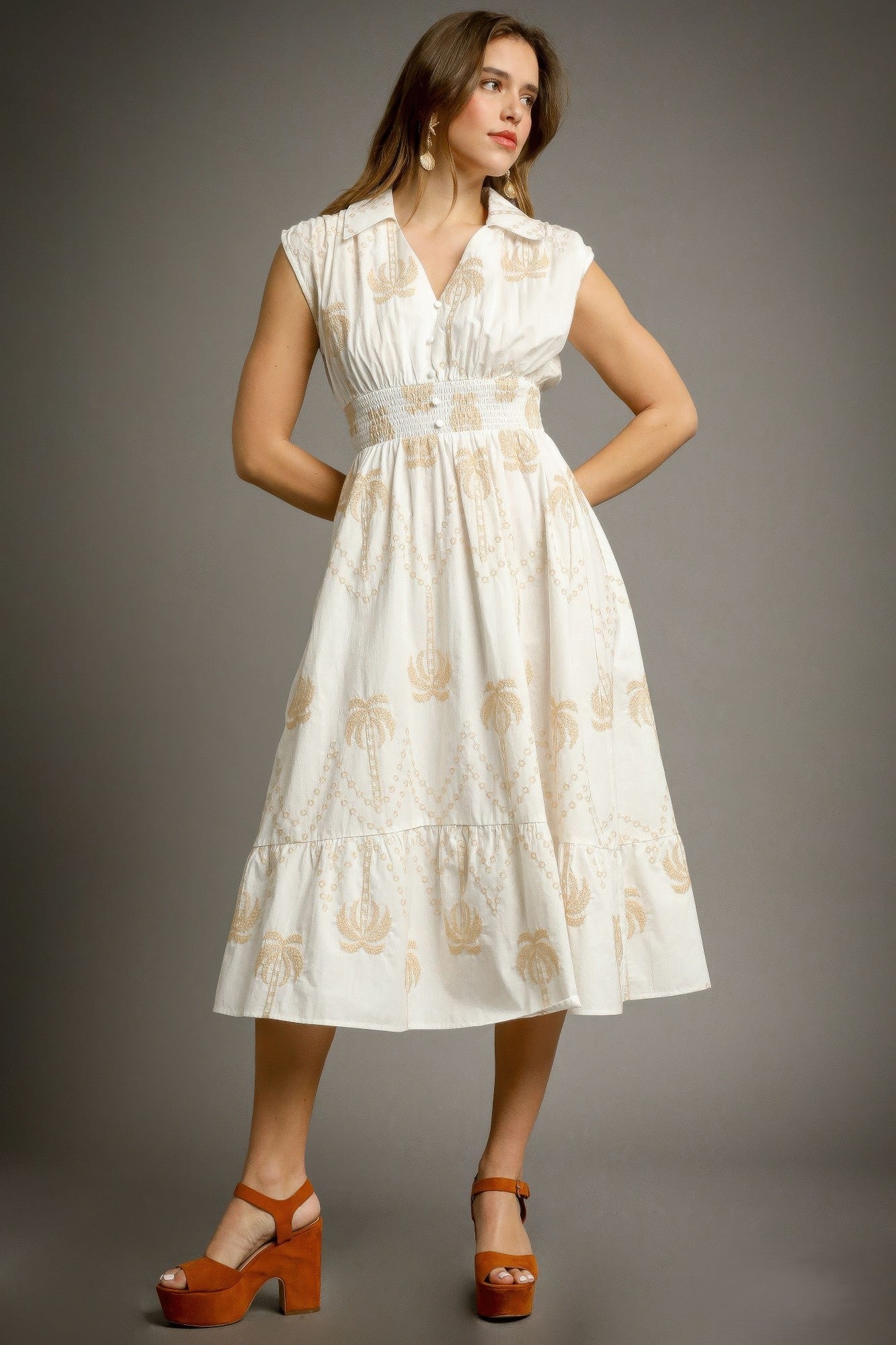 Tropical Print Embroidered Midi Dress