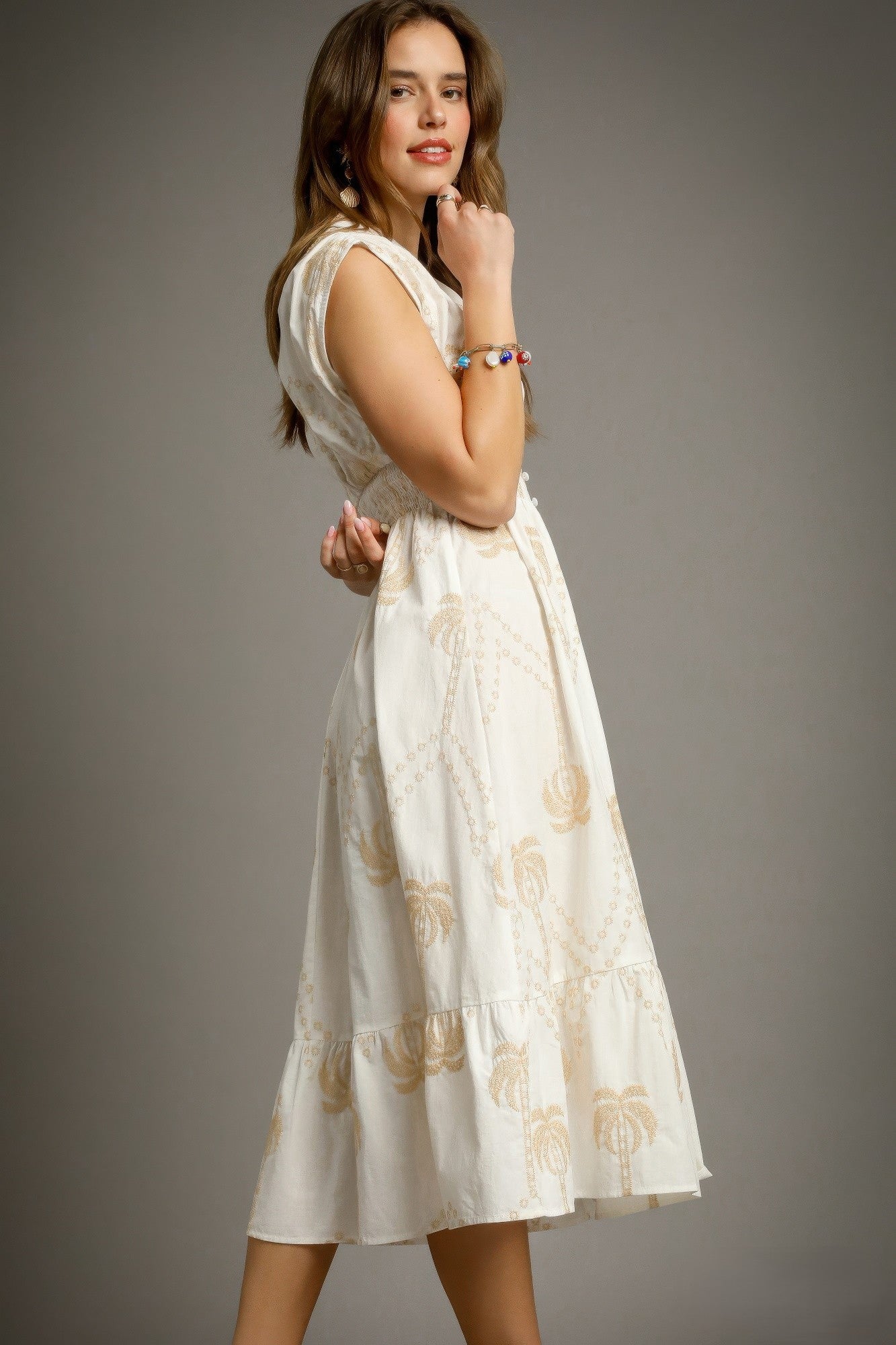 Tropical Print Embroidered Midi Dress