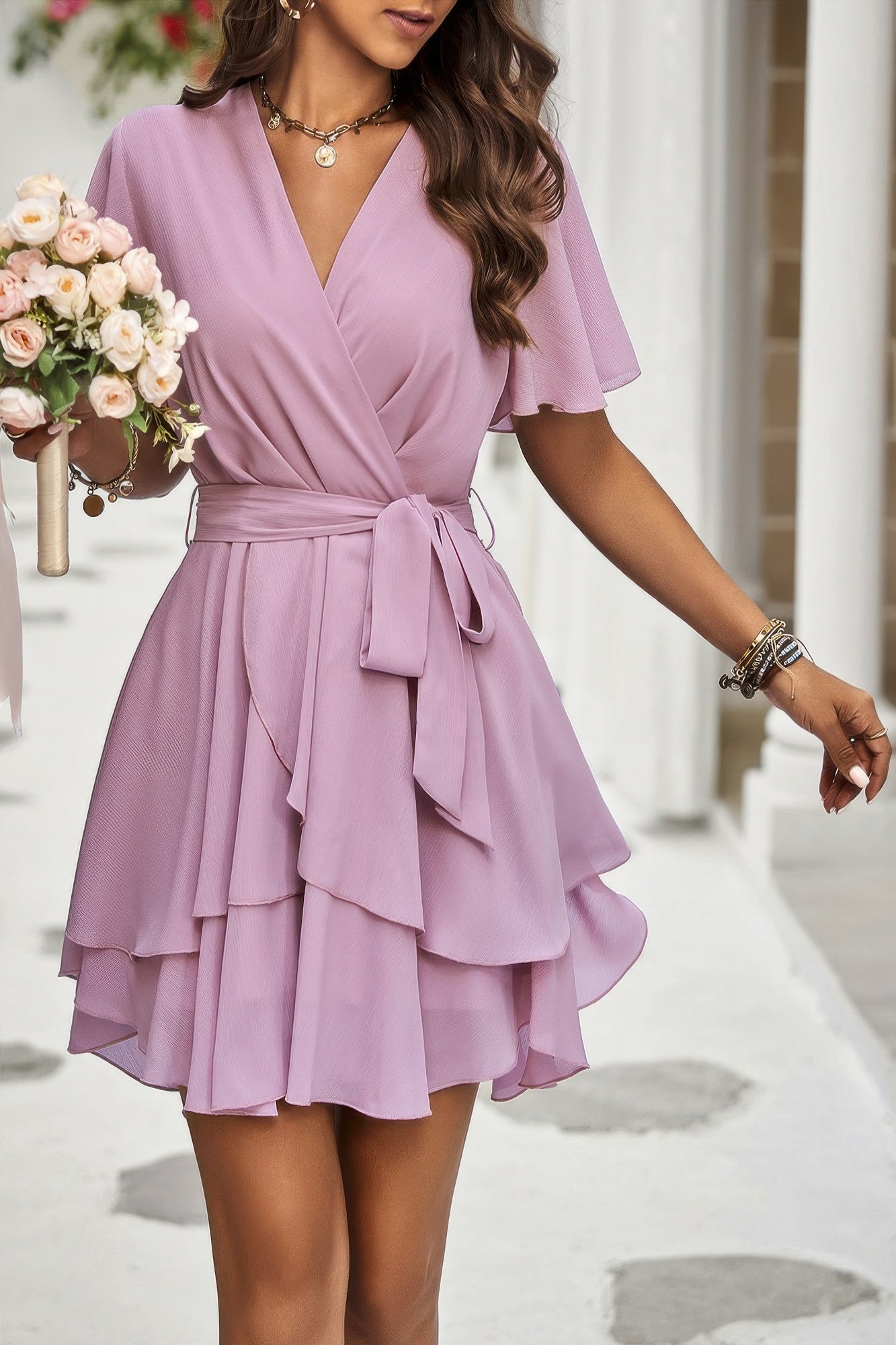 Chiffon Layered Hem Ruffle Dress