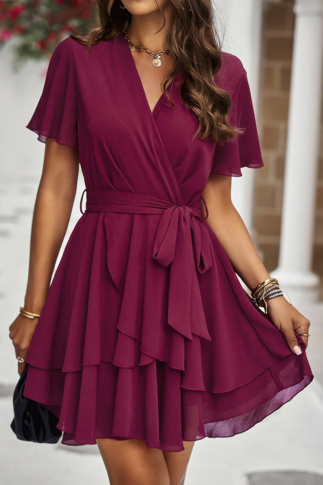 Chiffon Layered Hem Ruffle Dress