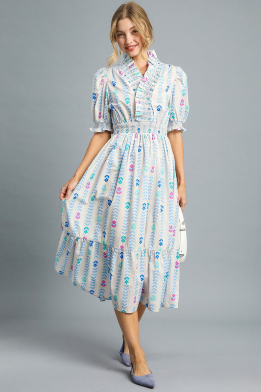 Petal Print Ruffled Smocked Midi Dress