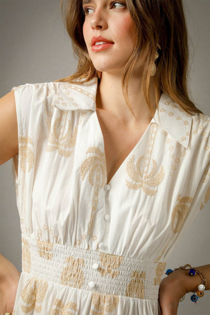 Tropical Print Embroidered Midi Dress