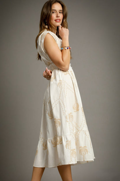 Tropical Print Embroidered Midi Dress